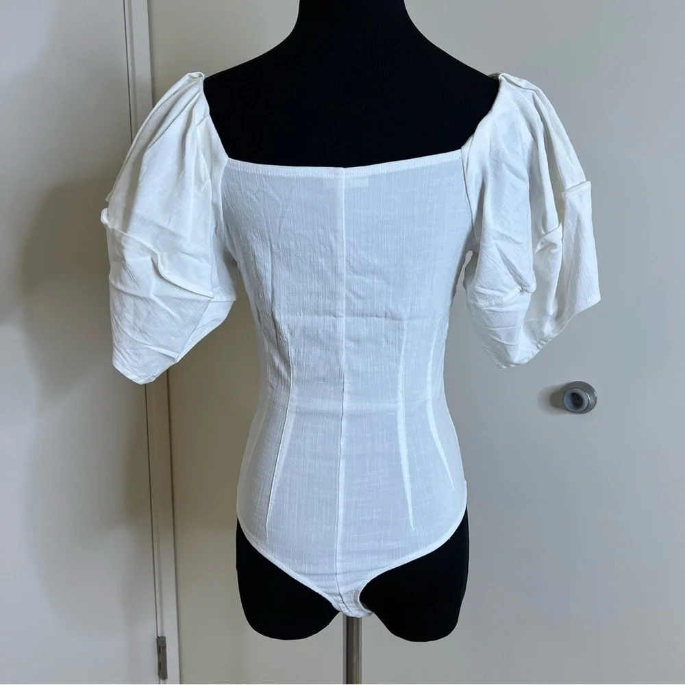 Free People White Puff Sleeve Gold Button Front Bodysuit XS